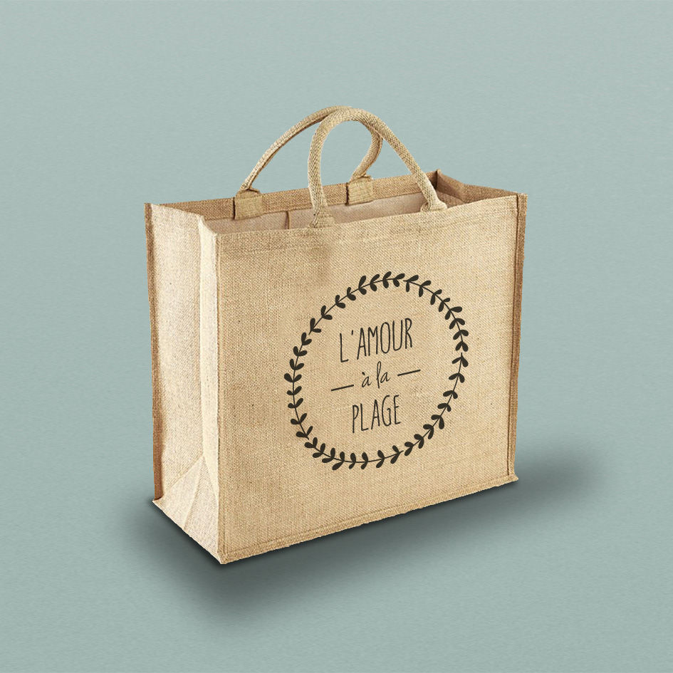 Miniature : cabas toile de jute, sac de plage, la vie est belle, cabas de plage, sac toile de jute