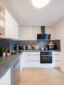 Voll ausgestattete Küche im EggHam Apartment Hamburg – modernes Apartment mit Herd, Backofen, Kühlschrank und allen Kochutensilien für flexibles Kochen.