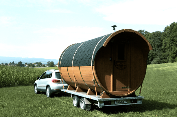 Feueroase Allgäu, mobiles Saunafass, Ruhe & Entspannung, Trockensauna, moderne Sauna