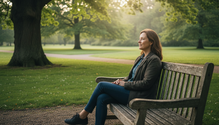 Eye-level view of a person sitting quietly on a park bench with hands folded.