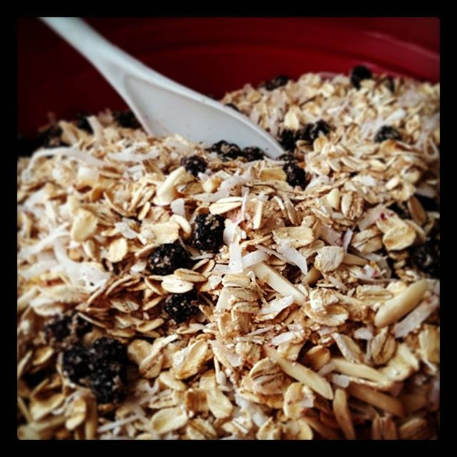 Working on granola today.  Currently making Aronia Berry and Dark Chocolate Granola