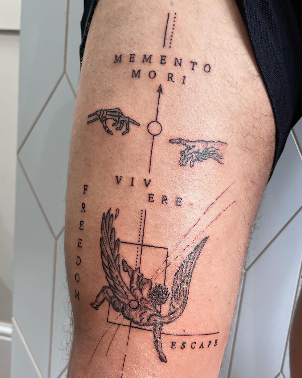 Fine Line Falle Angel Leg Tattoo