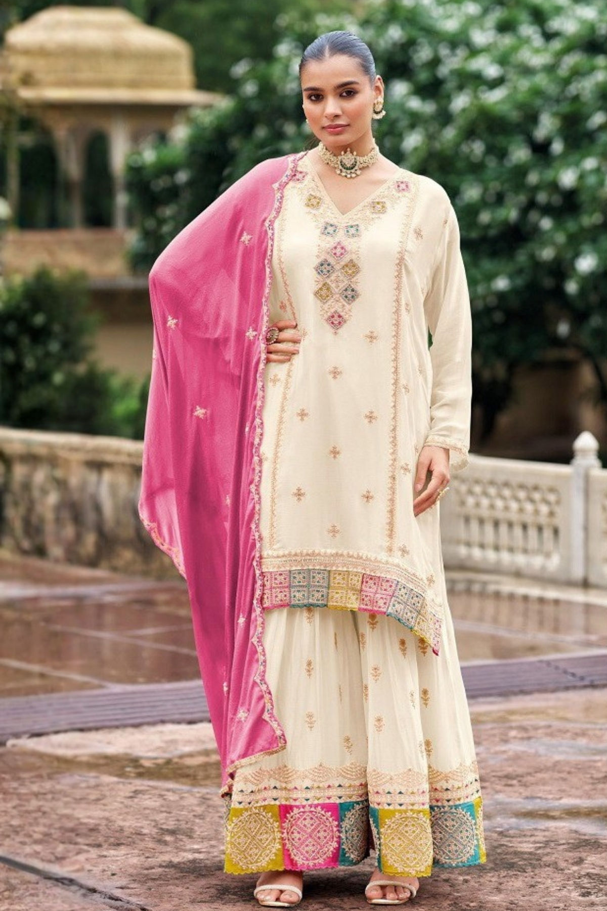 White Pakistani Chinon Embroidered Wedding Shalwar Kameez with Pink Dupatta