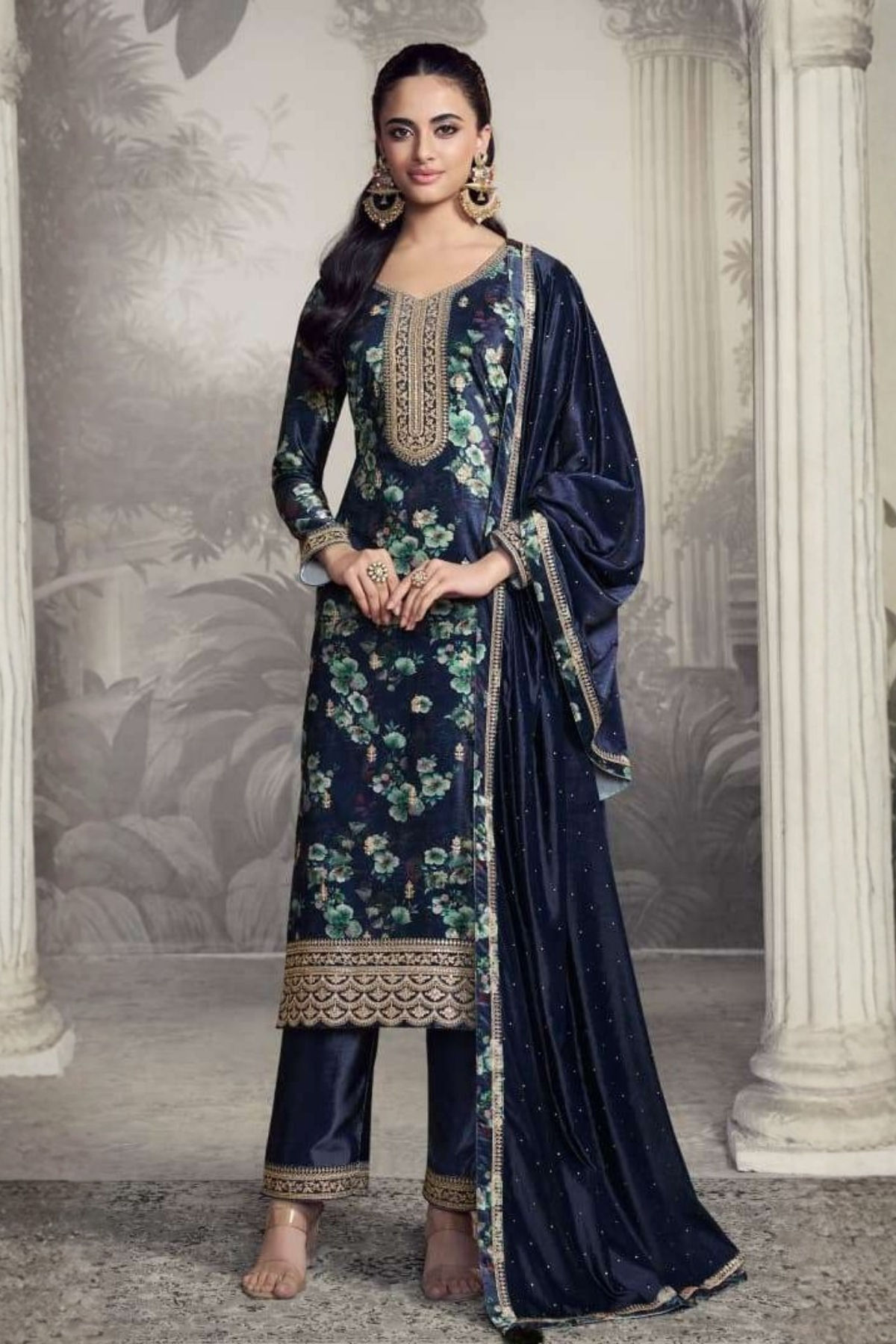 Floral Design Velvet Embroidery Salwar Kameez Navy Blue