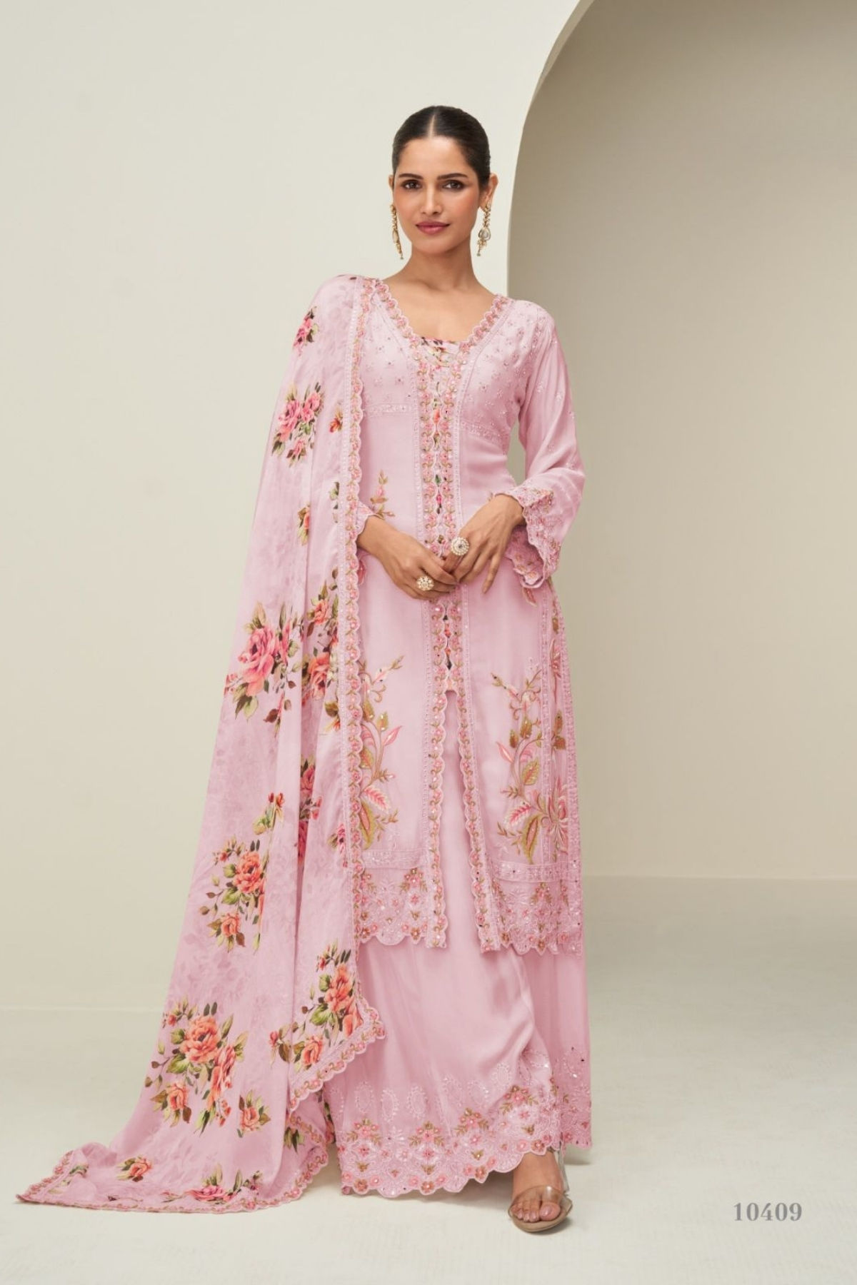 Elegant Pink Chinon Silk Floral Wedding Shalwar Kameez