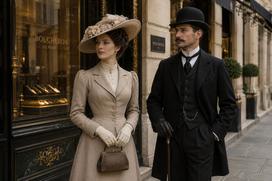 Belle Époque fashion outside Boucheron in Paris circa 1908
