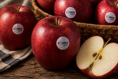 Manzanas Cosmic Crisp rojas en cesta y una mitad cortada