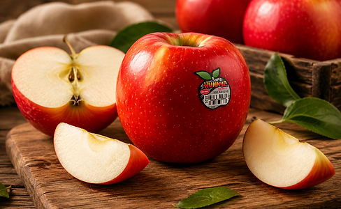 Manzanas rojas frescas enteras y en gajos sobre madera.
