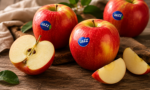 Manzanas Jazz enteras y cortadas sobre una mesa de madera