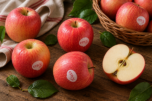 Manzanas Envy frescas enteras y una mitad sobre madera.