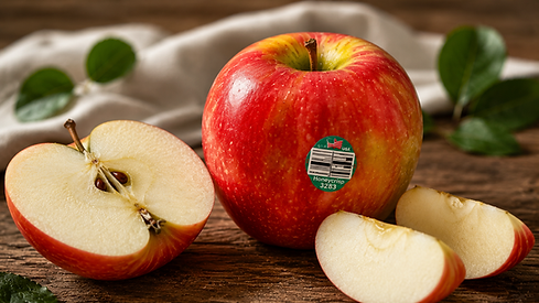 Manzana roja entera y rebanada sobre mesa de madera