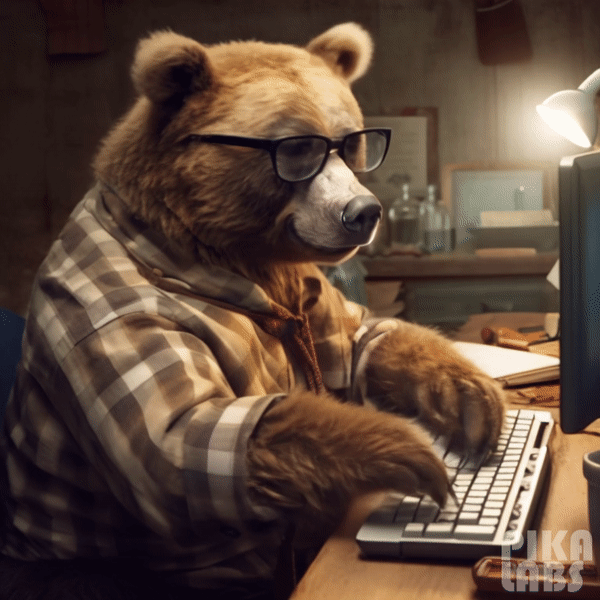 A bear working on a PPC campaign at a computer