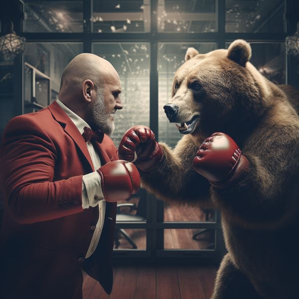 A bear boxing a businessman