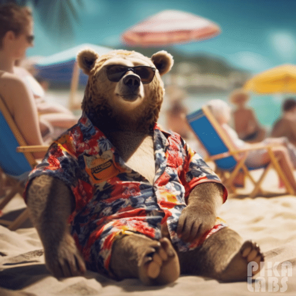 A bear on a beach wearing a Hawaiian shirt