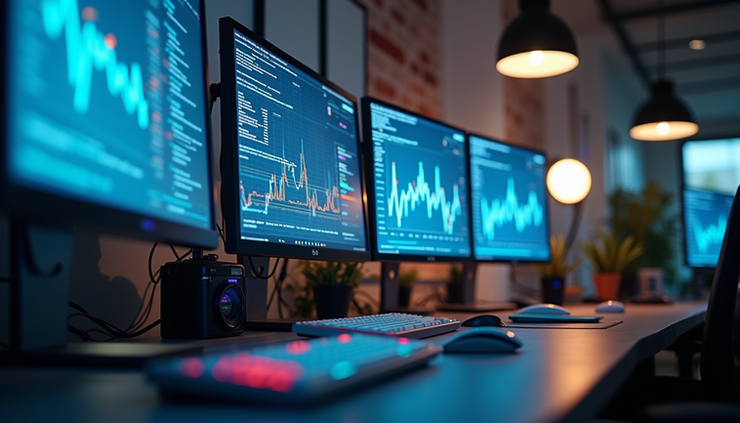 Eye-level view of a modern workspace with multiple screens showing website analytics