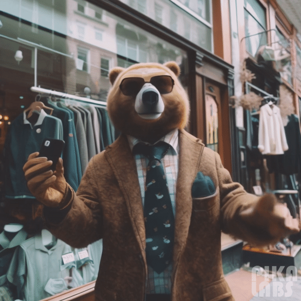 Bear in front of a store wearing a suit