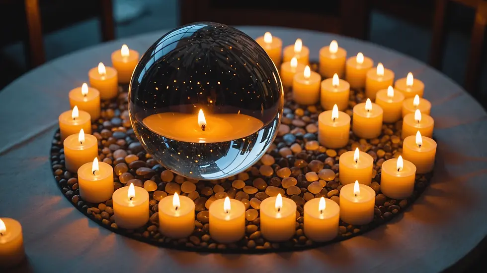 High-angle view of a crystal ball surrounded by candles