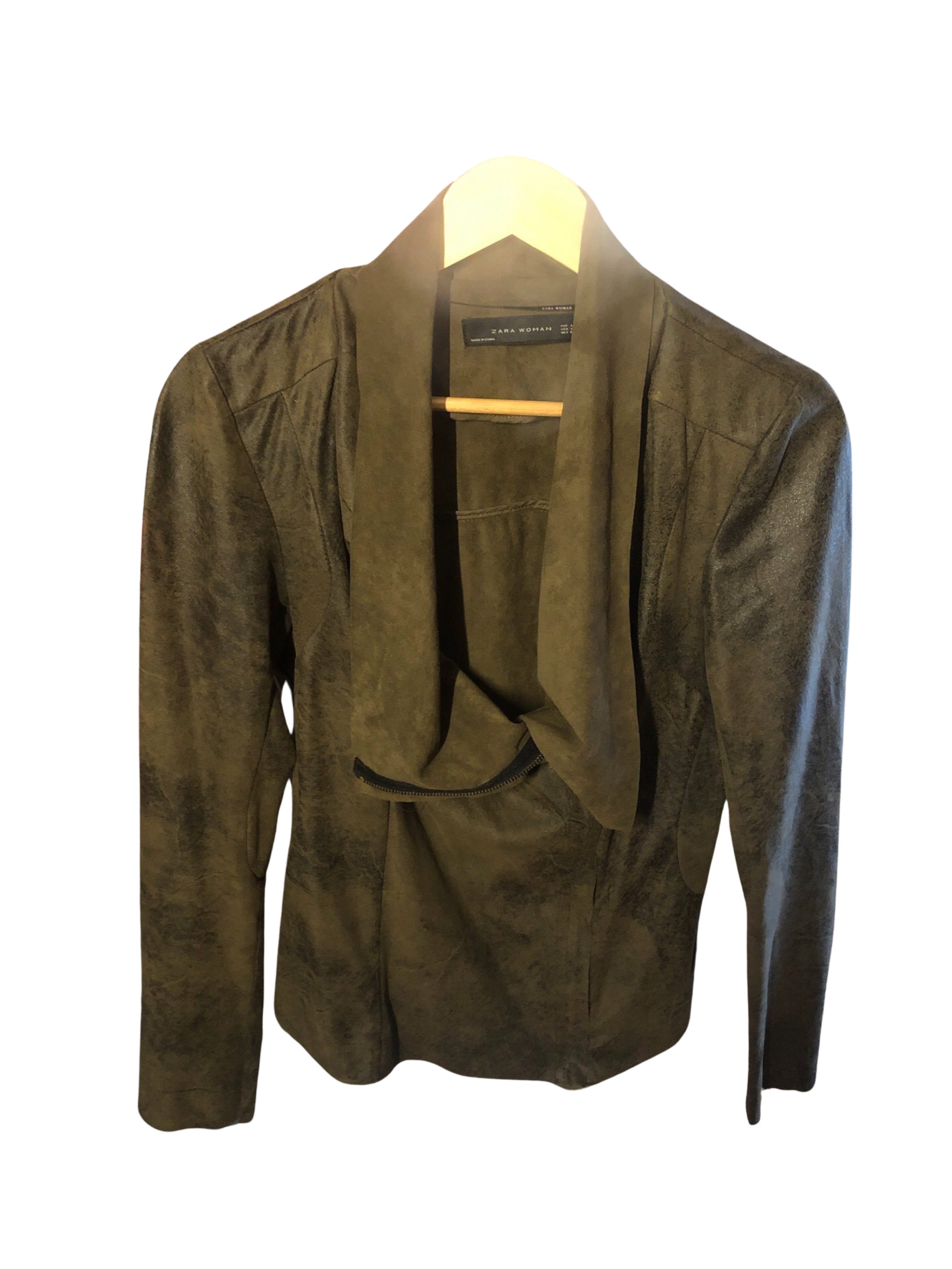 Zara Women Olive Faux Suede Moto Jacket Sz L