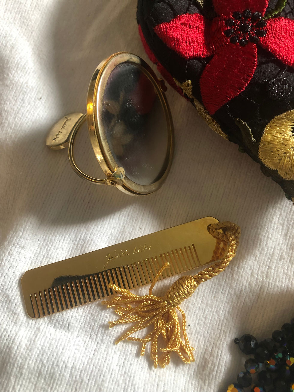 Thumbnail: Judith Leiber dark floral tassel bag w/comb and mirror set