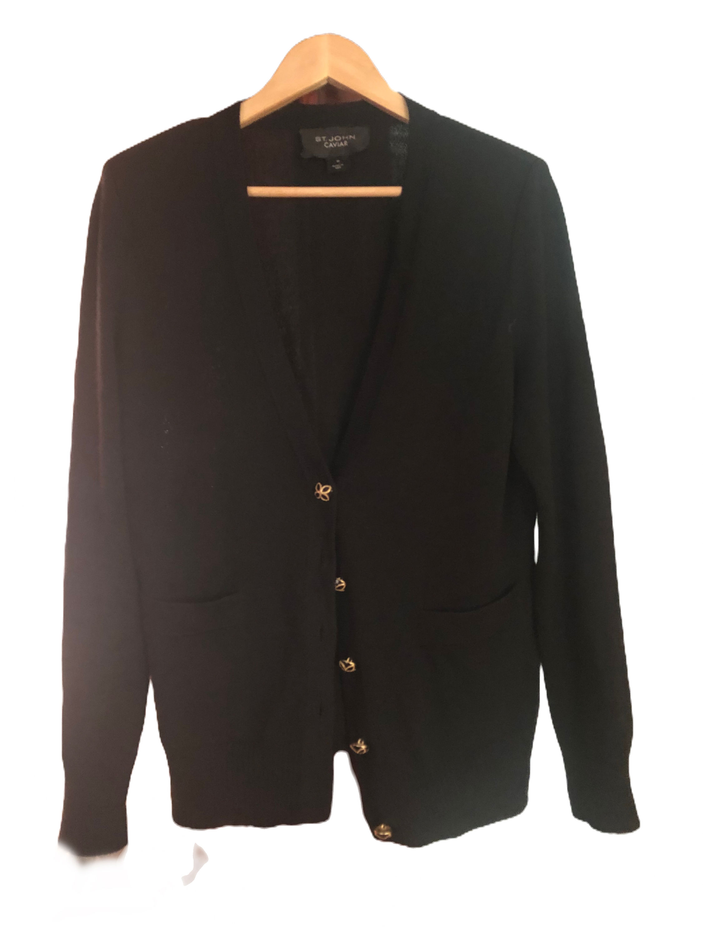 St. John knit/Caviar black wool knit sweater/coat w/gold buttons - Sz M