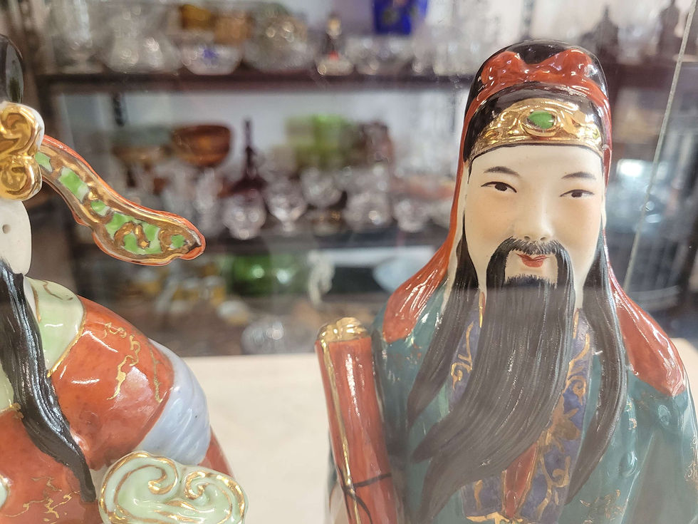 Thumbnail: Vintage Fu Lu Shou ceramic figures in glass case 