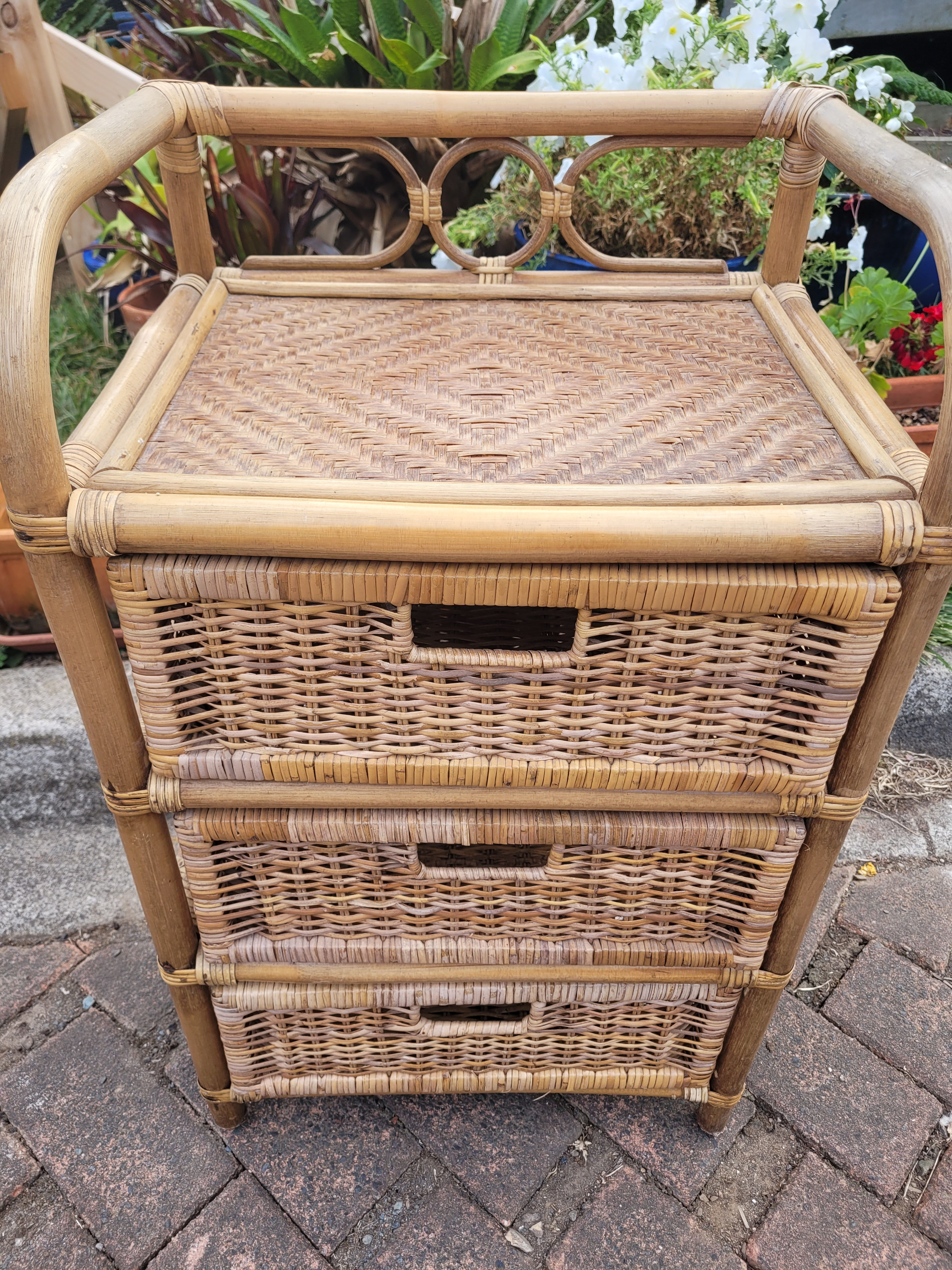 SOLD ! Retro cane and bamboo 3 drawer unit 