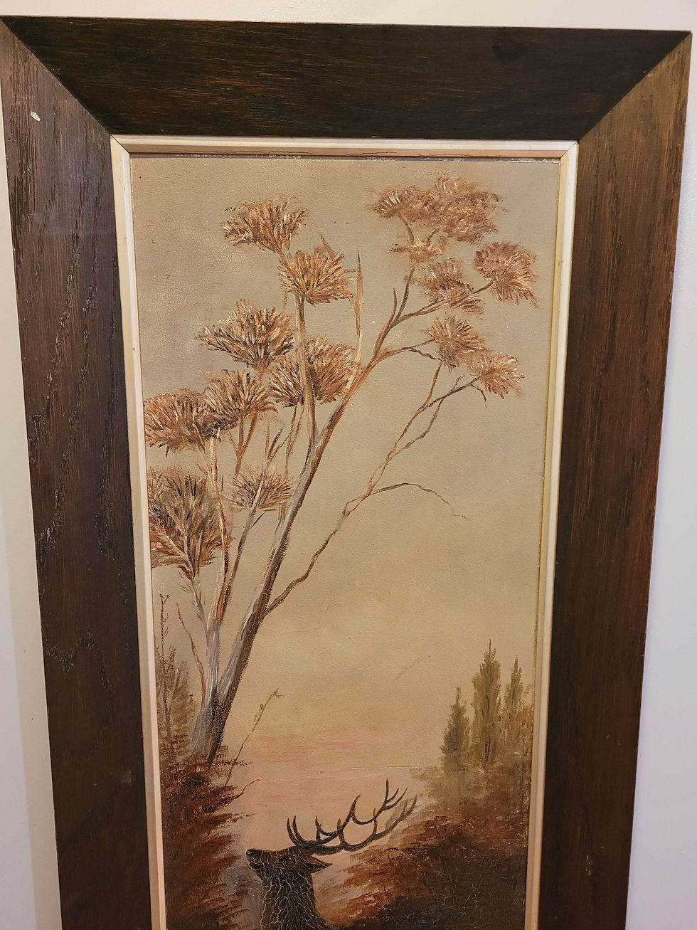Thumbnail: Antique oak framed stag original painting 