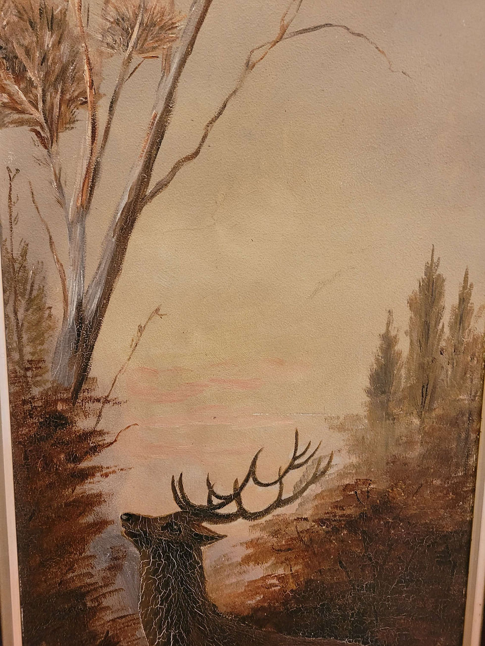 Thumbnail: Antique oak framed stag original painting 