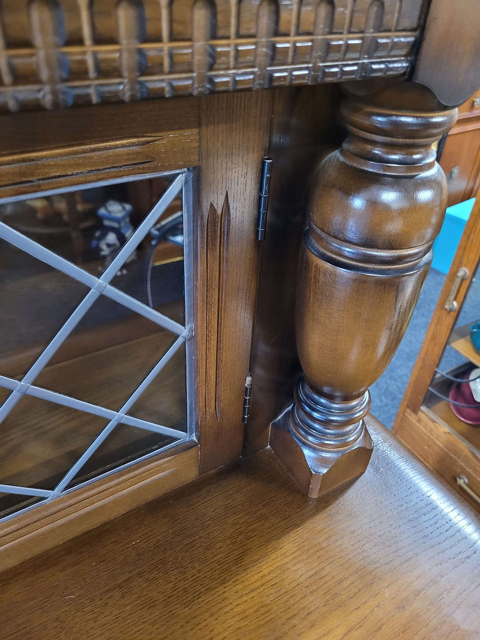 Thumbnail: Lovely oak Priory Court Cupboard buffet with glazed cupboards 