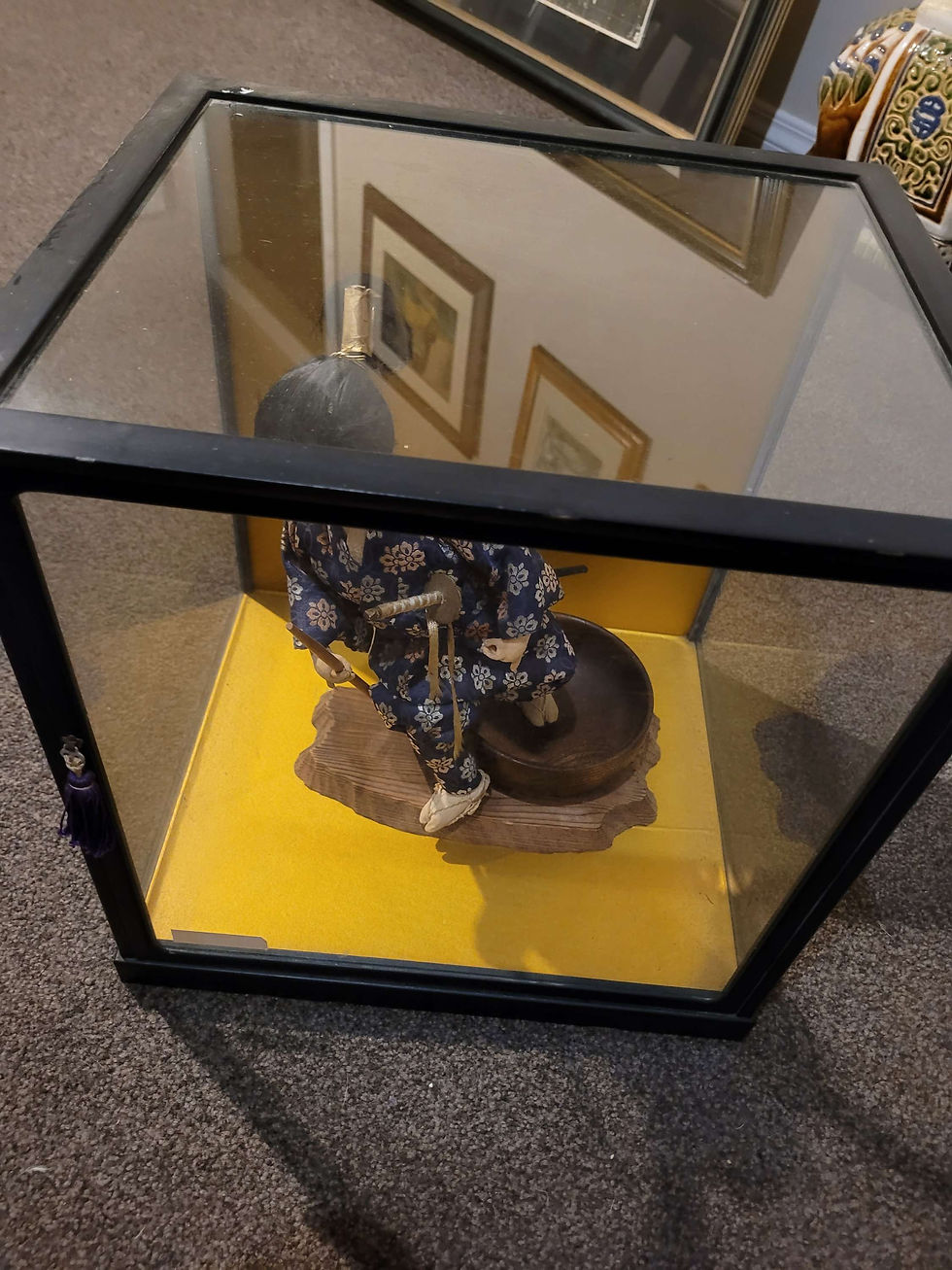 Thumbnail: Cased Japanese doll  in vintage glass case 