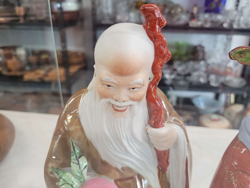 Thumbnail: Vintage Fu Lu Shou ceramic figures in glass case 