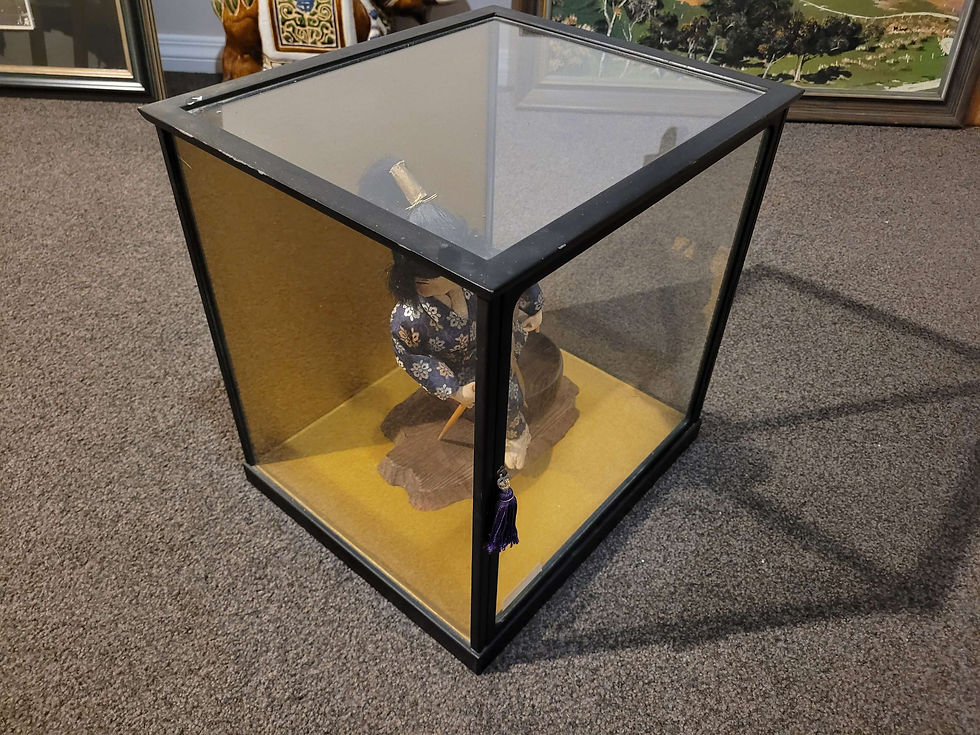 Thumbnail: Cased Japanese doll  in vintage glass case 