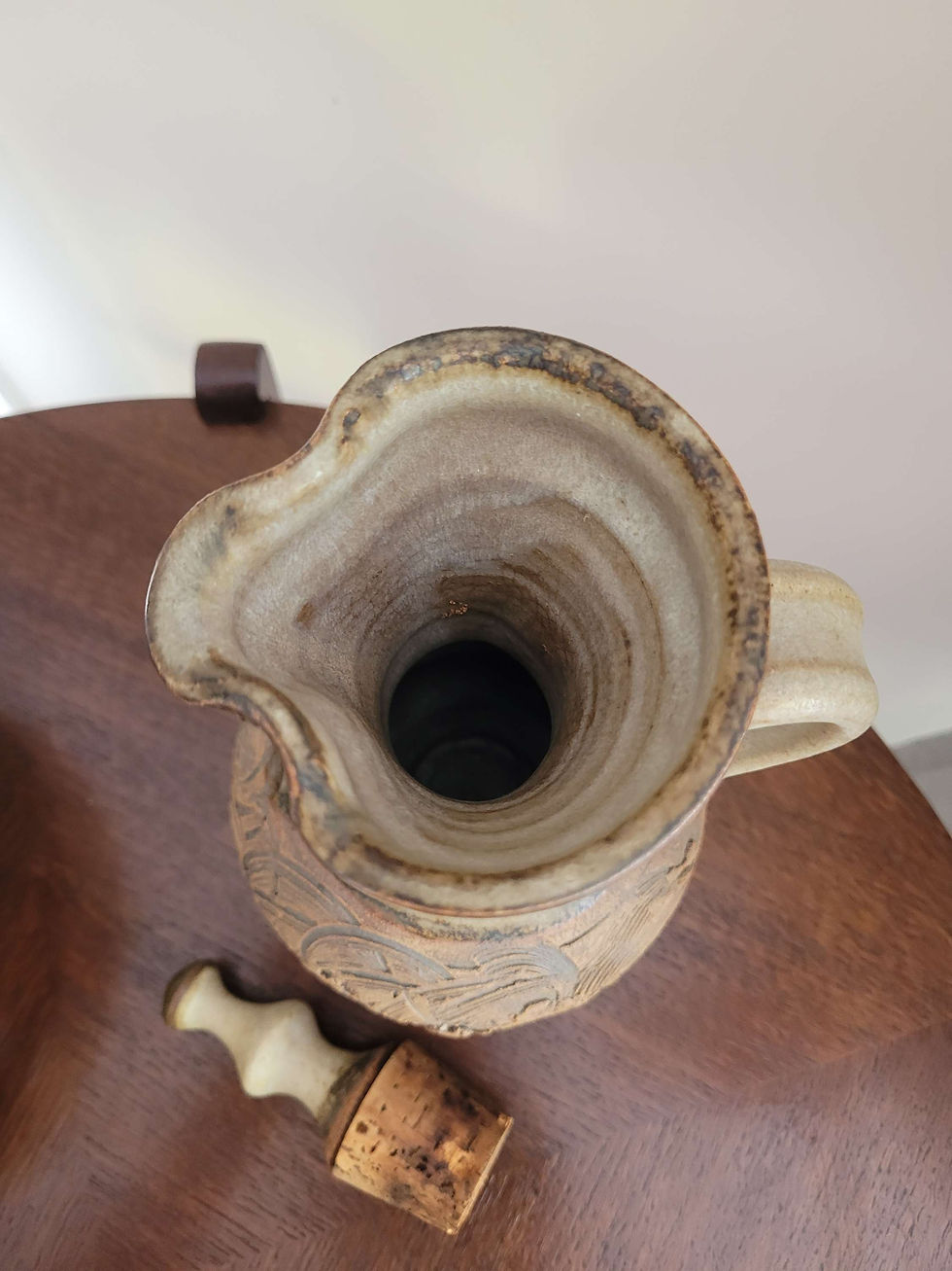Thumbnail: Lovely Janet Wright stoppered wine flask with 6 pottery cups