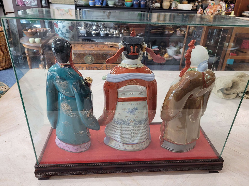 Thumbnail: Vintage Fu Lu Shou ceramic figures in glass case 
