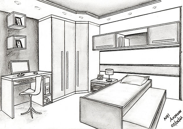 Quarto de Solteiro com bicama. Desenho a lapis