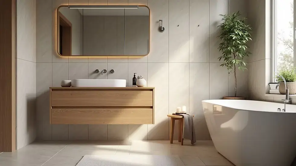Eye-level view of a modern bathroom with custom wood vanity and unique tile backsplash