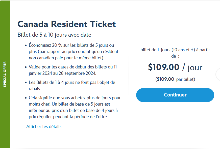 Prix Billets pour résidants Canadiens