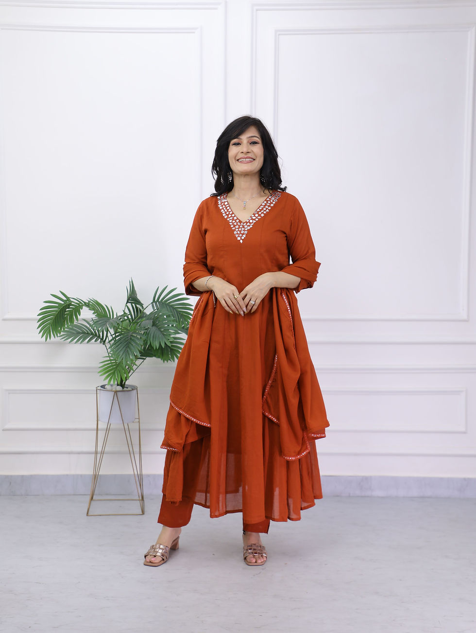 Thumbnail: Mirror Work Orange Mulcotton Anarkali Set