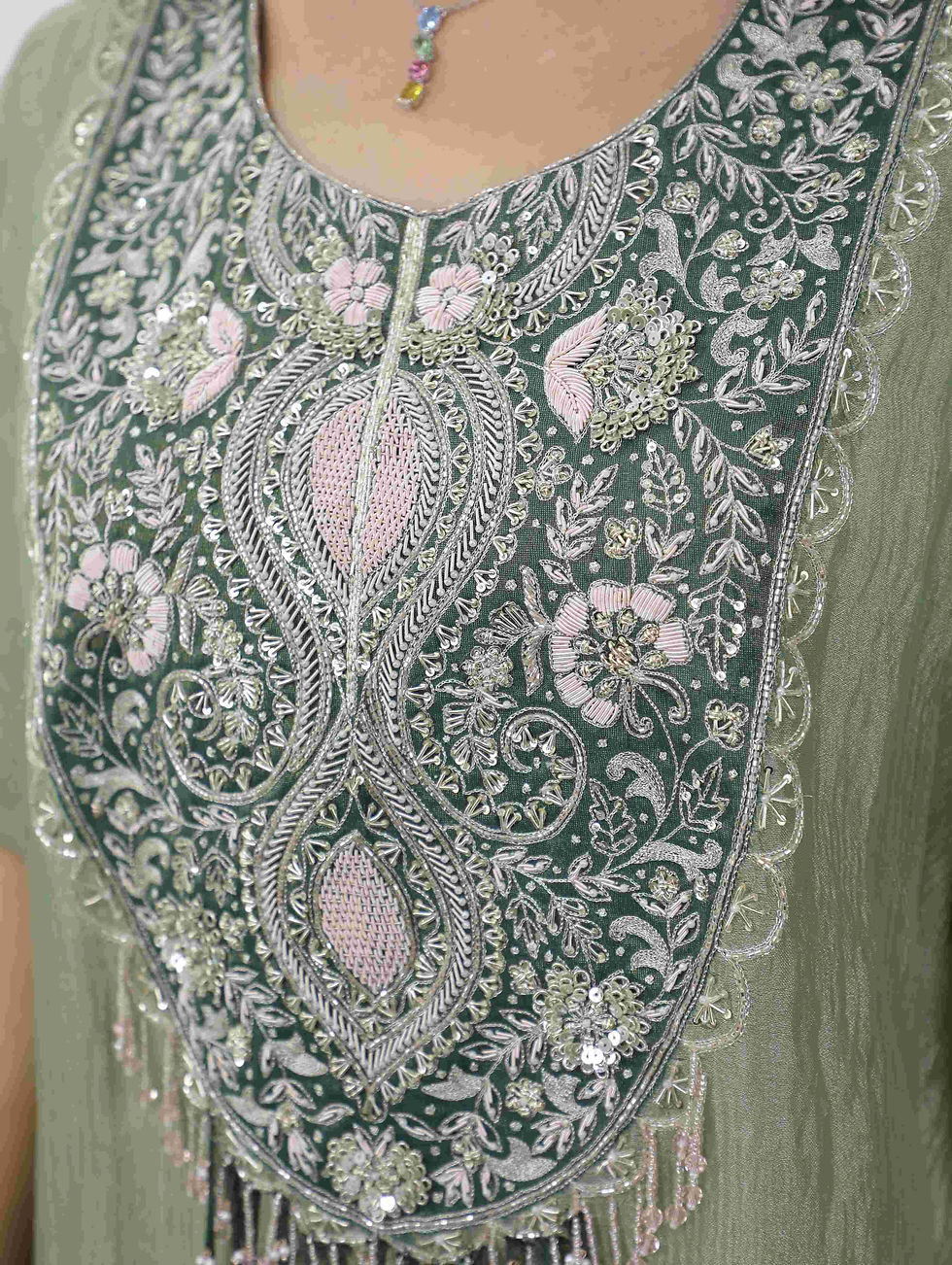 Thumbnail: Green Dabka Work Pure Tissue Kaftan Set