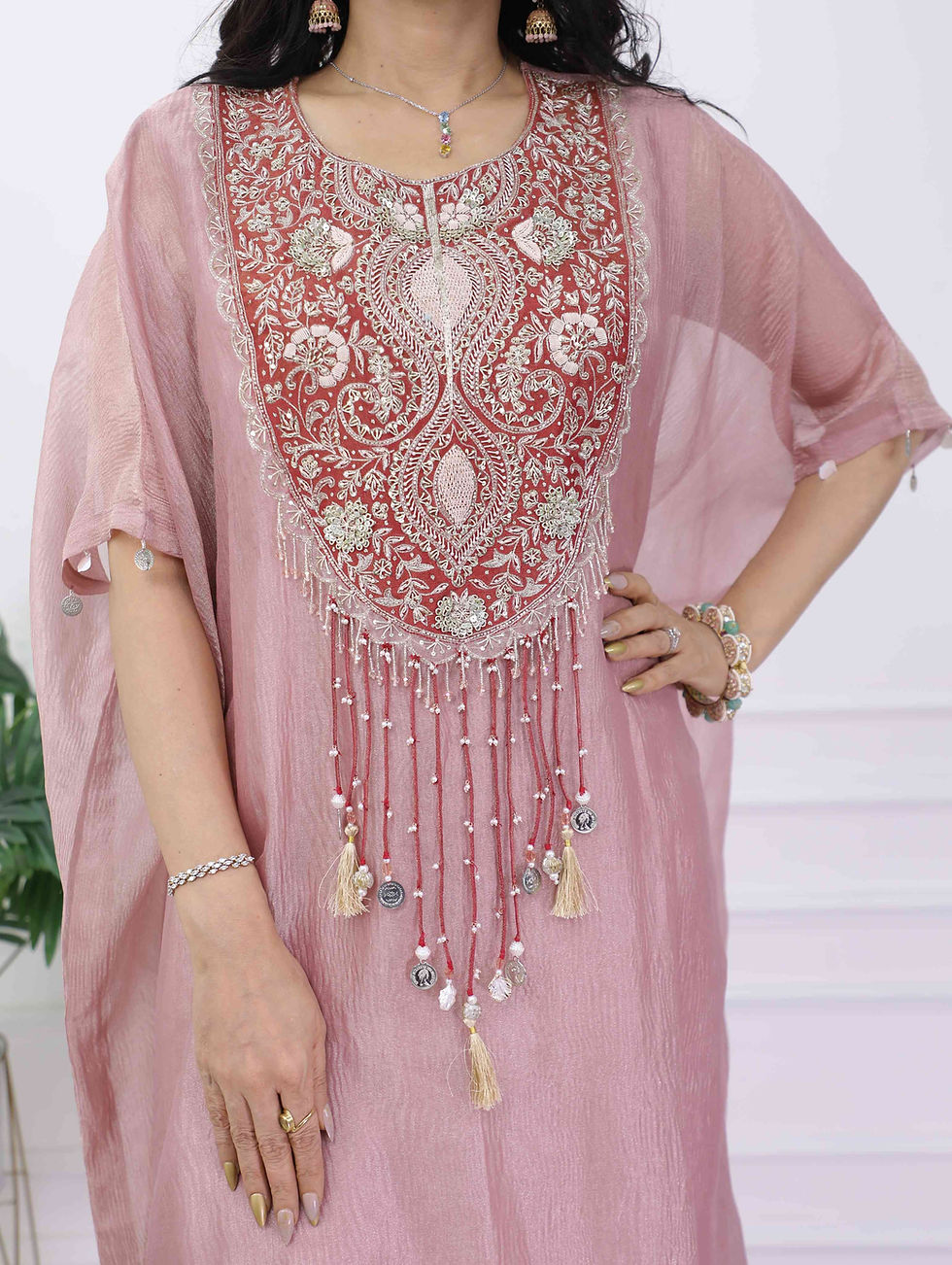 Thumbnail: Pink Dabka Work Pure Tissue Kaftan Set