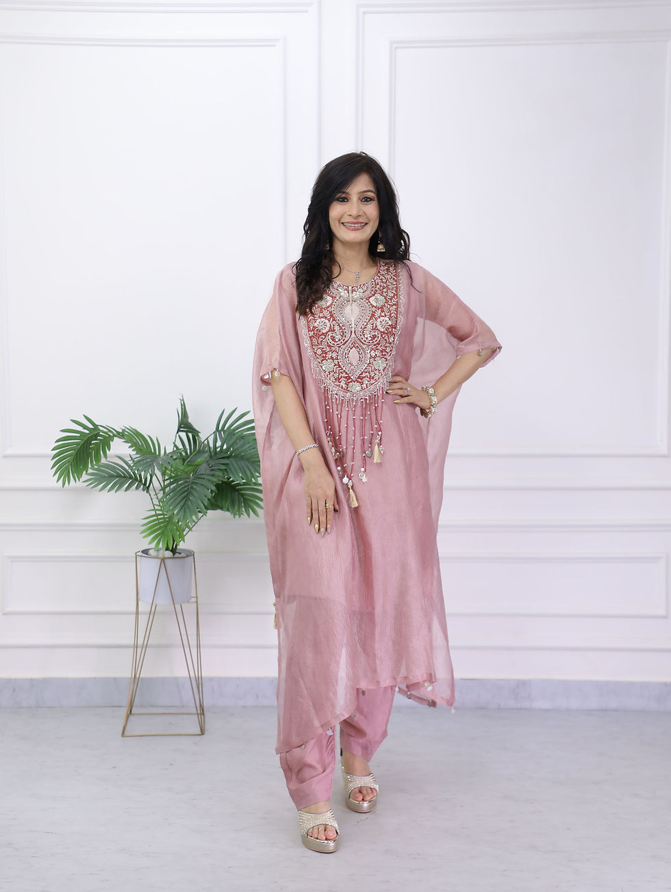 Thumbnail: Pink Dabka Work Pure Tissue Kaftan Set