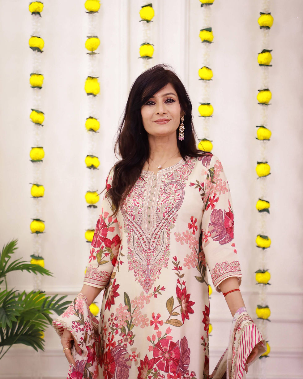 Thumbnail: Off White and Red Floral Thread Embroidery Mulsilk Set