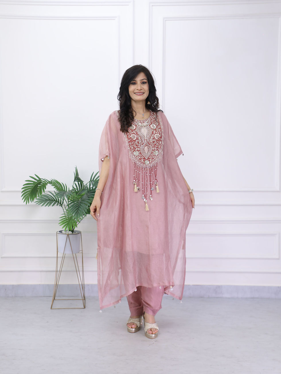 Thumbnail: Pink Dabka Work Pure Tissue Kaftan Set
