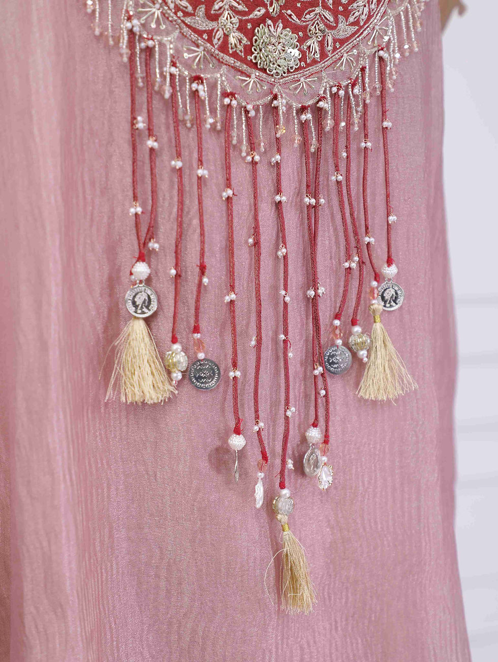 Thumbnail: Pink Dabka Work Pure Tissue Kaftan Set