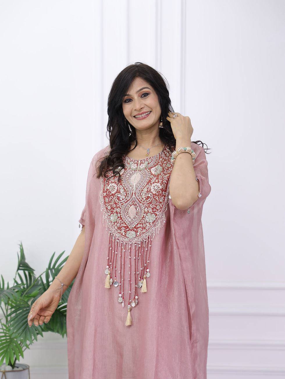 Thumbnail: Pink Dabka Work Pure Tissue Kaftan Set