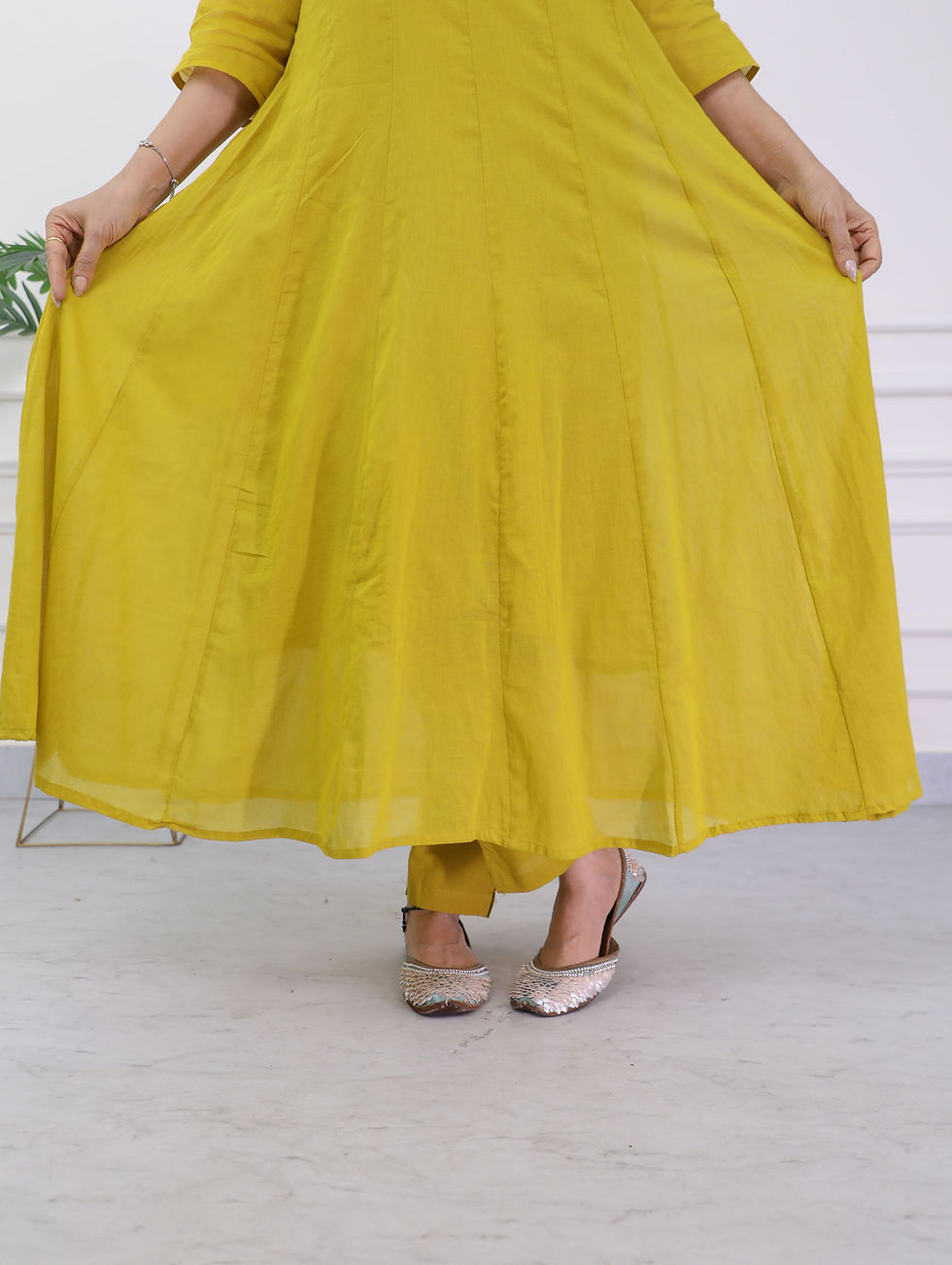 Thumbnail: Mirror Work Yellow Mulcotton Anarkali Set