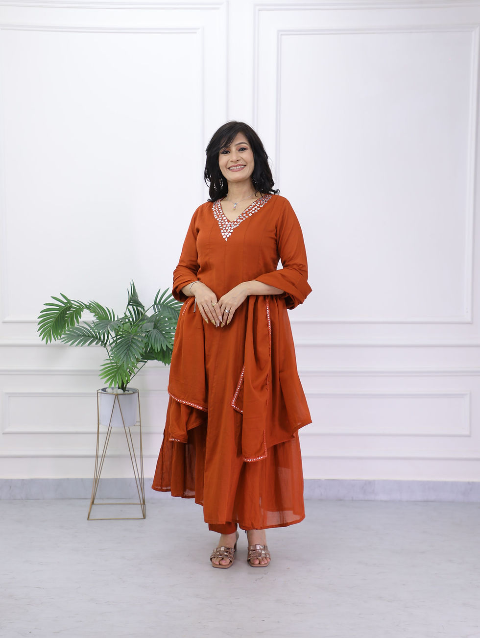 Thumbnail: Mirror Work Orange Mulcotton Anarkali Set