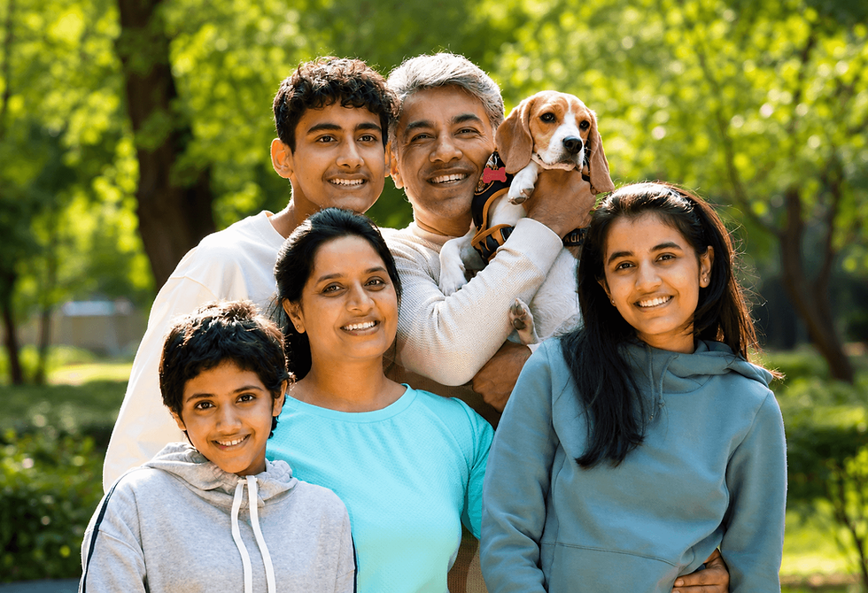 Happy family with dog after pet relocation to India