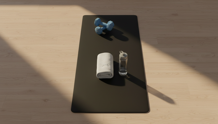 Overhead view of a gym mat, light dumbbells, and a folded towel after a completed beginner session.