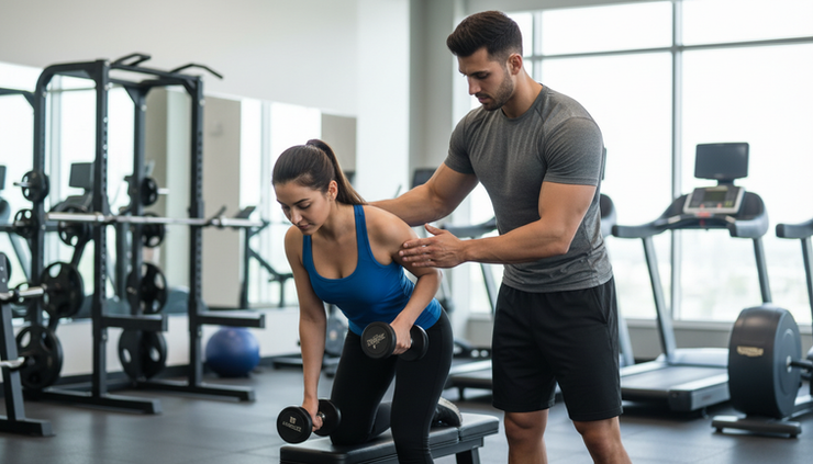 Close-up view of a trainer correcting a client’s dumbbell row position in a gym